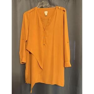 Chicos Roll Tab LS Tunic‎ Blouse Mustard Yellow Size 2 (US 12) Asymmetric Design
